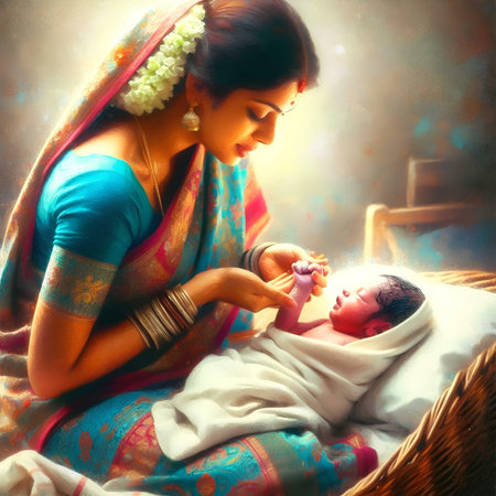 Indian mother with newborn baby in her arms. Photo in old color image styleの素材