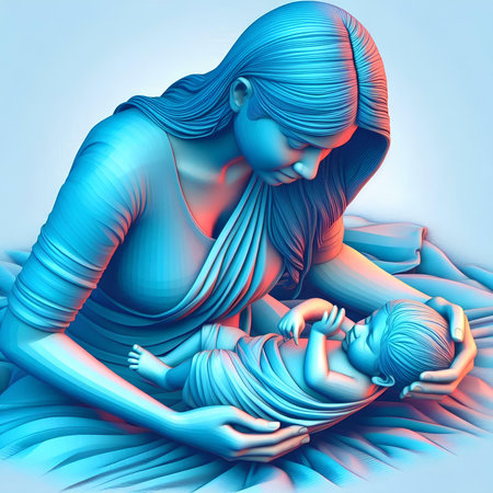 Mother with her baby Jesus in her arms. 3D illustration.の素材