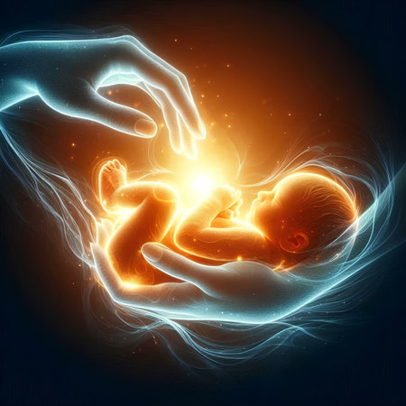 Digital illustration of fetus in neon light 3D renderingの素材
