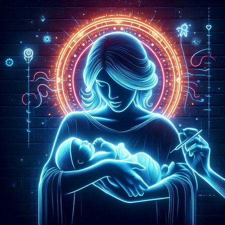 Neon illustration of a woman holding a newborn baby in her armsの素材