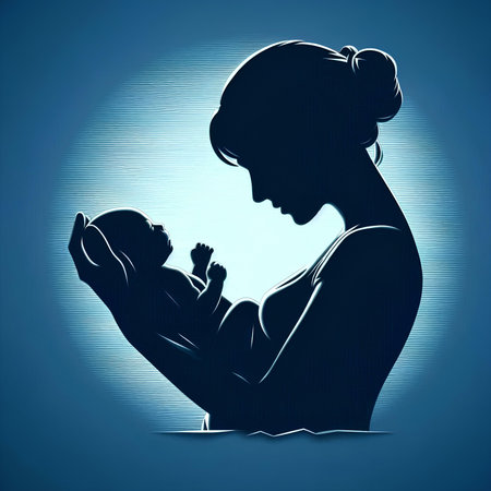 Mother breast feeding her baby in neon light, illustration in vector formatの素材