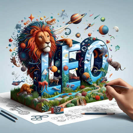 Lettering O with the image of a lion, planets, animals and other elementsの素材