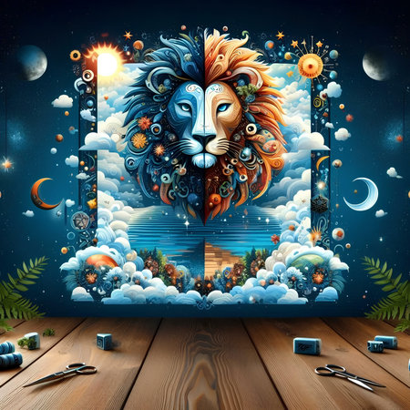Lion in the sky with stars and planets. 3d illustrationの素材