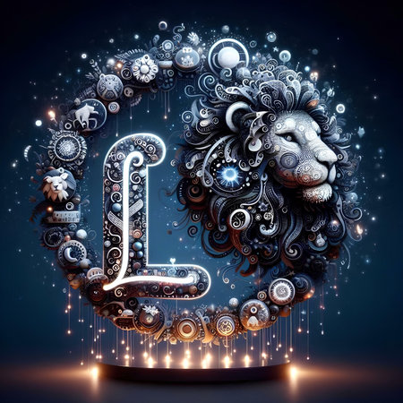 Lion zodiac sign, horoscope and astrology background. 3d illustrationの素材