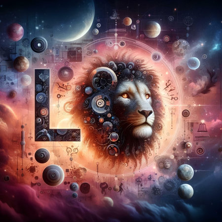 Lion and planets in space. Zodiac sign. 3D renderingの素材