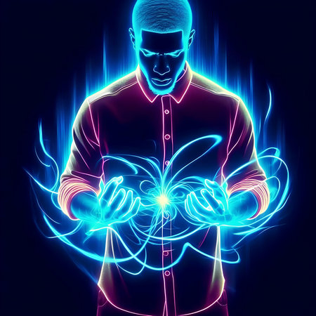 Neon light illustration of a man holding a butterfly in his handsの素材