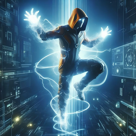 3D rendering of a female robot in futuristic background with glowing lightsの素材