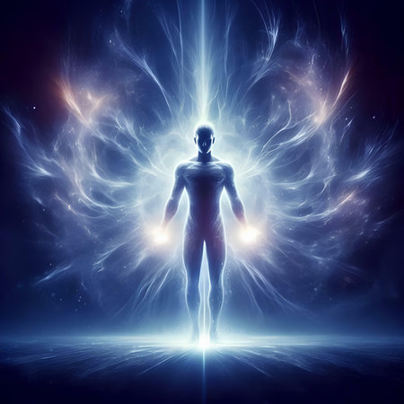 Digital illustration of a human body in front of a glowing lightning backgroundの素材