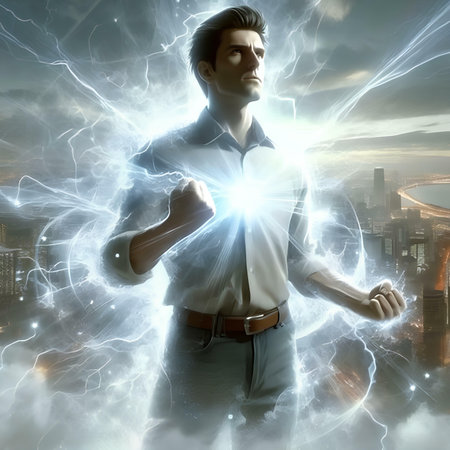 Young businessman with lightning in his hand. 3D rendering. mixed mediaの素材