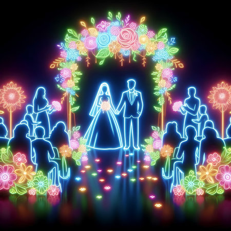 Wedding neon lights on a black background. Vector illustration.の素材