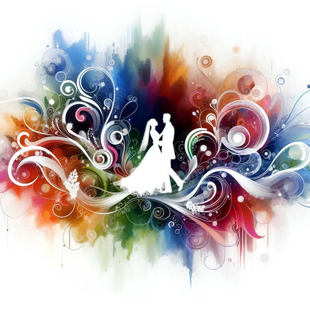 Grunge floral background with bride and groom, vector illustration.の素材