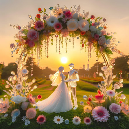 wedding arch with flowers and bride and groom on sunset backgroundの素材