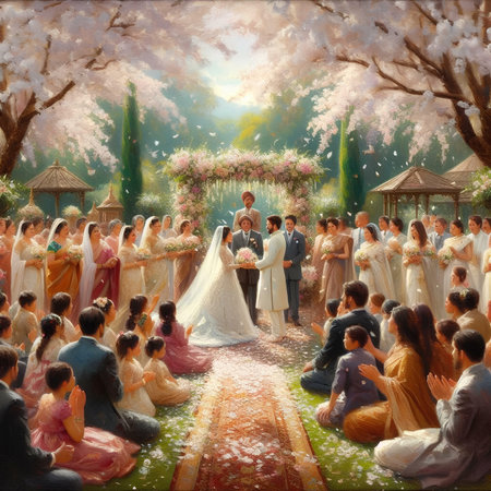 Wedding ceremony in the park. Illustration in oil painting style.の素材