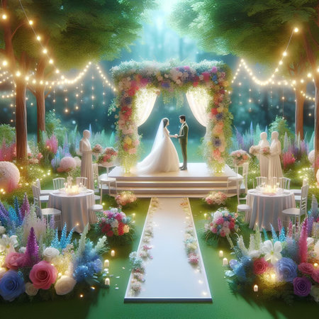 Wedding ceremony in a green forest. 3D rendering.の素材