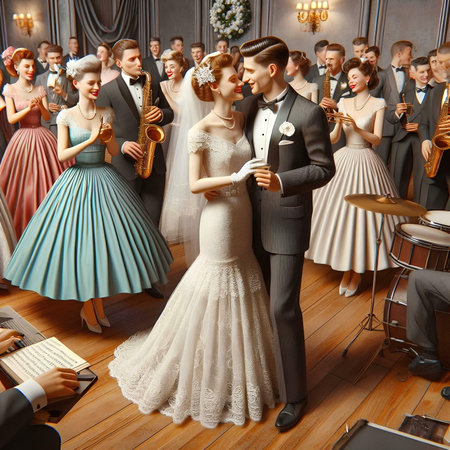 Wedding couple in a room with a piano and music instrumentsの素材