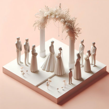3d render of a wedding arch with brides and groomsの素材