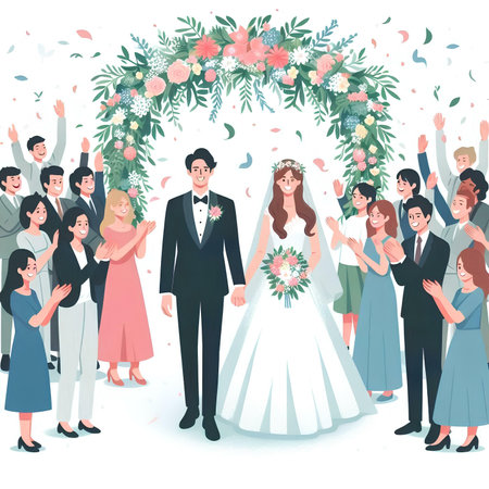 Wedding ceremony. Bride and groom with their guests. vector illustrationの素材