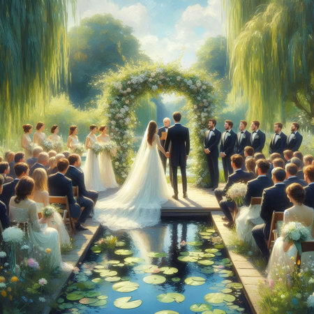 Wedding ceremony in the park. Bride and groom on a wedding dayの素材