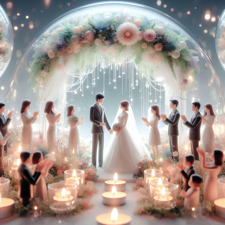 Wedding couple and candles in a crystal ball. 3D rendering.の素材