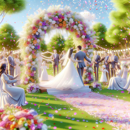 Wedding ceremony in the park with flowers. 3d renderの素材