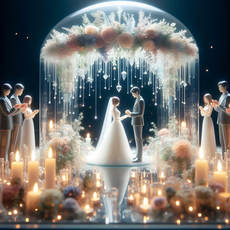 Wedding decoration with bride and groom in a glass dome.の素材