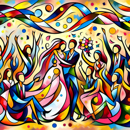 Colorful abstract background with Jesus and Mary. Hand-drawn illustration.の素材