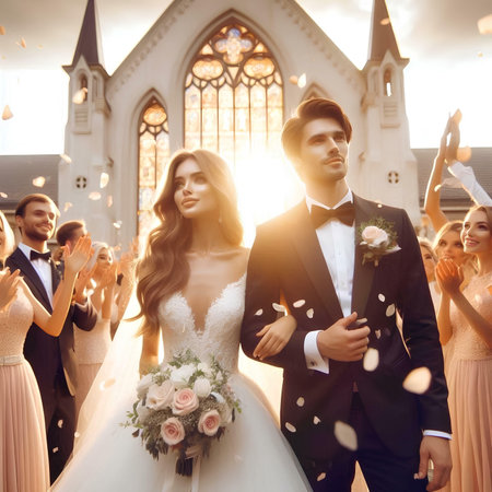 wedding couple, bride and groom on the background of the churchの素材