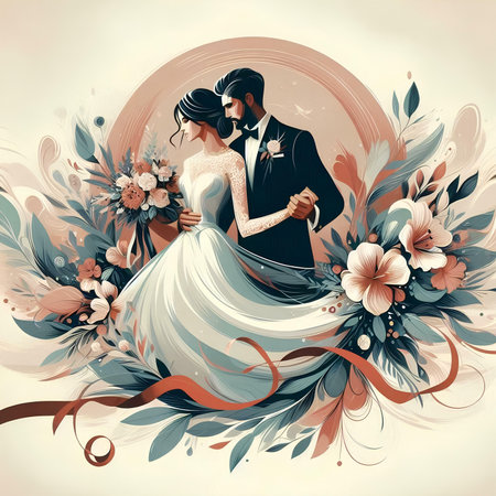 Wedding invitation card. Bride and groom. Vector illustration.の素材