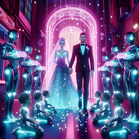 Wedding couple in front of a tunnel with glowing figures.の素材