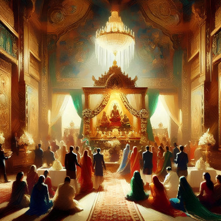 Buddhist prayer in the temple. Illustration of a religious event.の素材