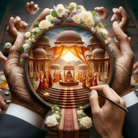 Hands of a man and a woman creating a magical image of the Hindu God Ganesha.の素材