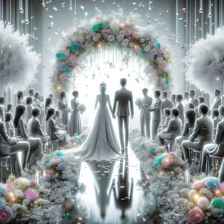 Wedding ceremony in the white room. 3D illustration.の素材