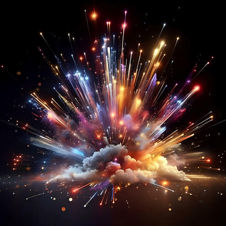 Explosion of colorful fireworks and smoke on black background. Vector illustration.の素材