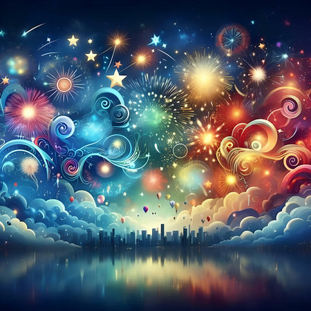 Fireworks and clouds on the background of the night sky. Vector illustration.の素材