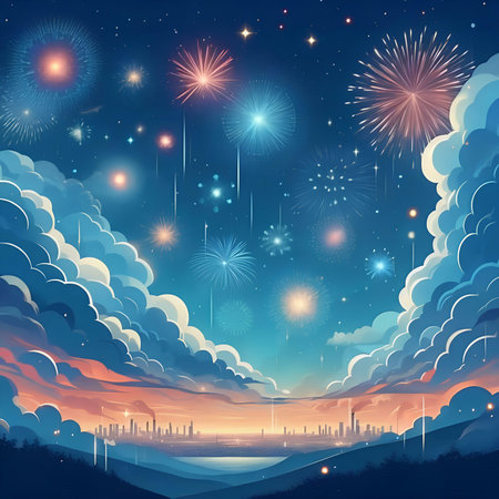 Night sky with clouds and fireworks. Vector illustration. Eps 10.の素材