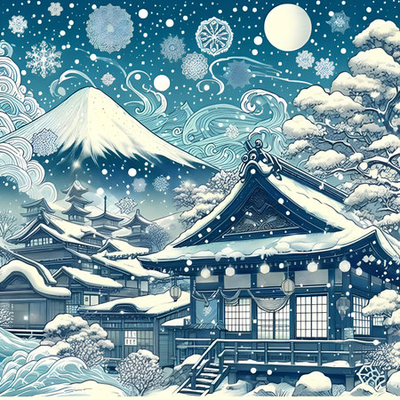 Mt. Fuji, Japan. Winter landscape. Vintage style.の素材