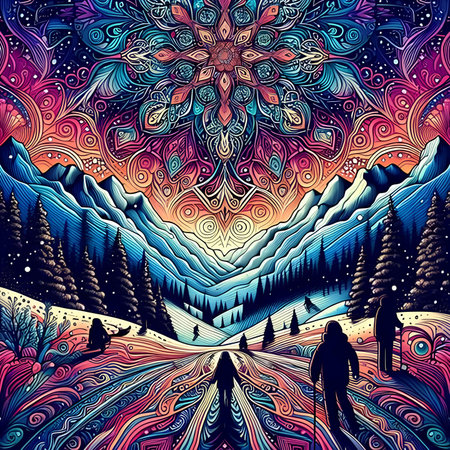 Winter landscape with snowboarder and snowboarder. Vector illustration.の素材