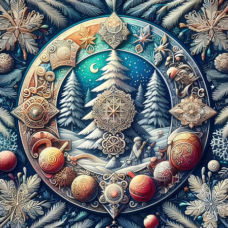 Christmas background with snowflakes, christmas tree and angel.の素材