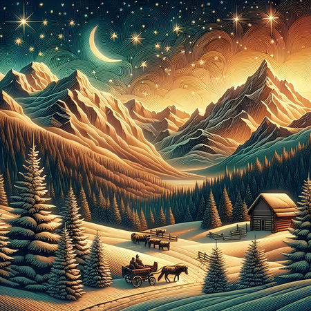 Winter mountain landscape with a horse drawn carriage. Vector illustration in retro style.の素材