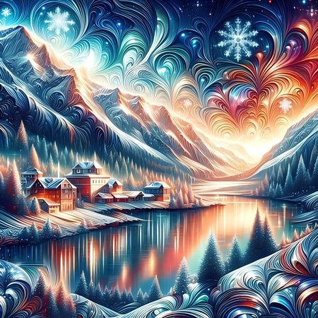 Winter landscape with snowy mountain lake. Christmas and New Year background.の素材