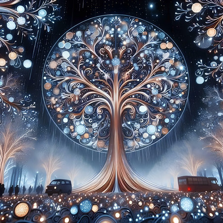 Fantasy Christmas tree in the night forest. 3D illustration.の素材