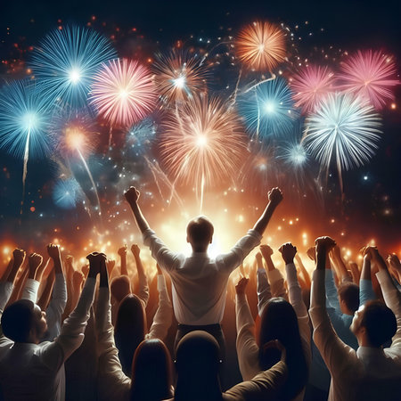 Crowd of people watching fireworks at new years eve or carnivalの素材