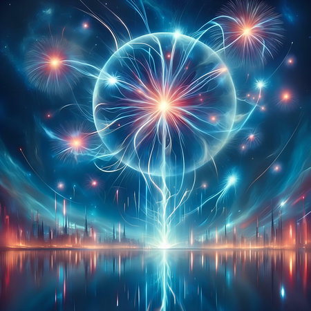 Fireworks in the night sky with reflection in water, abstract backgroundの素材