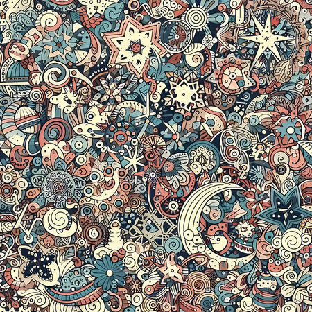 Tracery seamless calming pattern. Mehendi design. Ethnic colorful harmonious doodle texture. Indifferent discreet. Curved doodling mehndi motif. vector.の素材