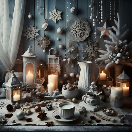 Christmas decoration with cup of coffee, candles and snowflakes on wooden backgroundの素材