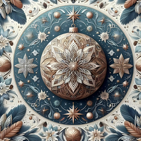 Christmas ball with snowflakes, stars and feathers on blue backgroundの素材