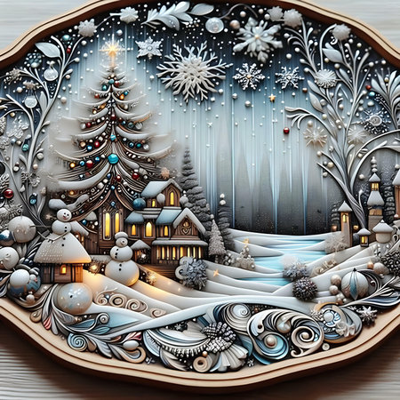 3D illustration of a winter landscape with snowflakes and Christmas treesの素材