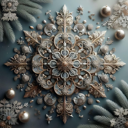 Christmas background with silver snowflakes and ornaments. 3D illustration.の素材