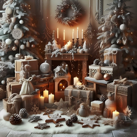 Christmas interior with fireplace, Christmas tree and toys. 3d renderの素材