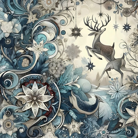 Seamless winter pattern with deer, snowflakes and flowersの素材